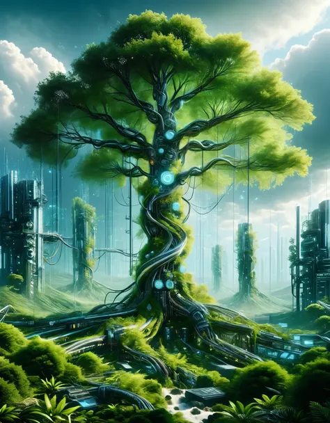 In a breathtaking panorama, storm clouds of swirling data gather ominously overhead, crackling with the electric energy of innovation. Beneath this digital tempest, a landscape of mesmerizing contrasts unfolds. Towering silicon trees, their metallic branch...