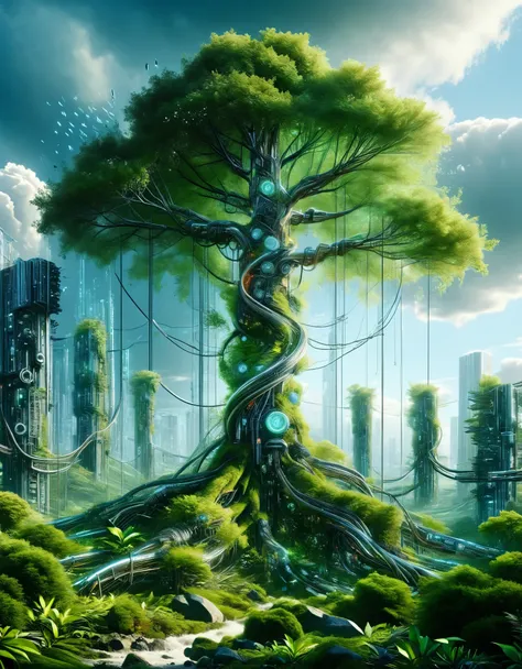 In a breathtaking panorama, storm clouds of swirling data gather ominously overhead, crackling with the electric energy of innovation. Beneath this digital tempest, a landscape of mesmerizing contrasts unfolds. Towering silicon trees, their metallic branch...