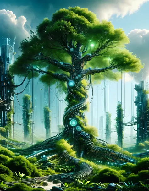 In a breathtaking panorama, storm clouds of swirling data gather ominously overhead, crackling with the electric energy of innovation. Beneath this digital tempest, a landscape of mesmerizing contrasts unfolds. Towering silicon trees, their metallic branch...