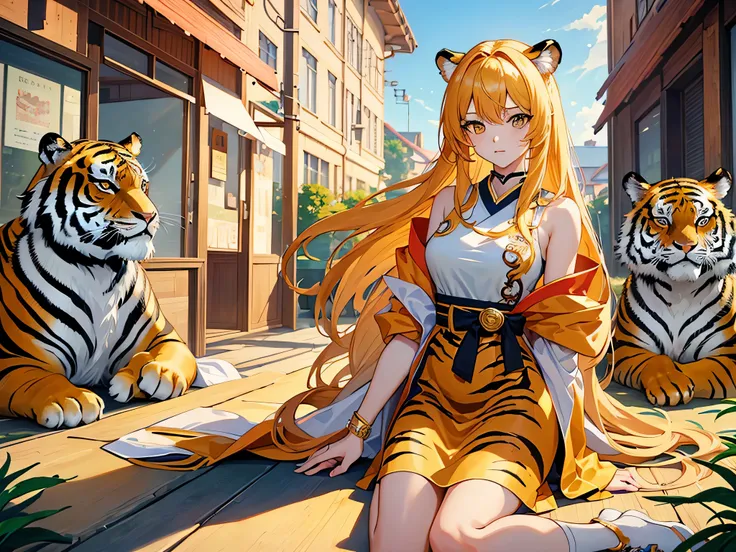 masterpiece、highest quality、8k、Super detailed depiction、Beautiful anime style、anime style、Yin（Tiger）A beautiful girl who personifies、A brave and courageous girl、Has yellow hair、Cute、Wearing tiger-themed clothing、Passionate about sports and action、There&#39...