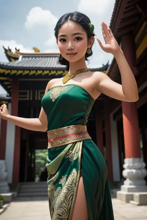 ((best quality)), ((masterpiece)), (detailed), perfect face super detailed face young balinese girl wear Sleeveless strapless  balinese green kebaya dress in front of balinese temple raised her hand and expose her armpits while she dancing 