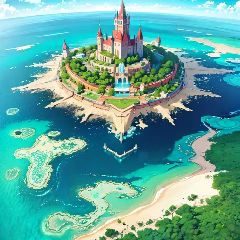 from above, best quality, super fine, 16k, incredibly absurdres, extremely detailed, heart-shaped island surrounded by clear, beautiful coral reef waters, lush greenery, waterfalls, rivers, fantasy world image, fantastic and mysterious, variety of visual s...