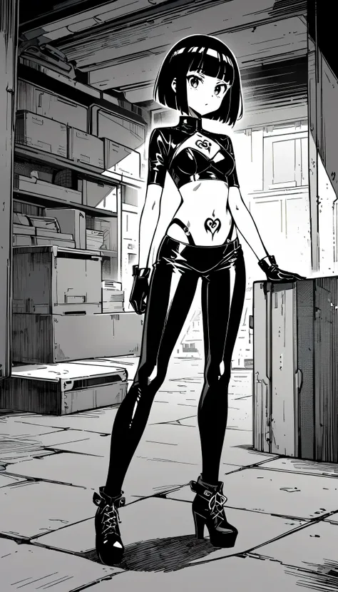 Anime line art, (monochrome), black and white, (colorless), Full body image of latex gothic fashion girl, Japanese cartoons, Lovely, Smoky makeup, dark hair, blunt bangs, Straight short Bob, (Navel tattoo), black gloves, Latex knee-high boots, High-gloss f...