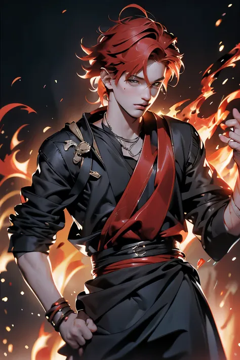 A boy with red hair looks to the right against the backdrop of a flame background. The flames dance and flicker around him, casting an orange and red glow on his cute, freckled face. The scene is captivating and full of energy, with the boys curious expres...