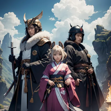 the seven judges of the cloud lords. with a furry appearance, wearing formal kimonos with helmets that obscure their vision, while standing with their katanas. in the clouds