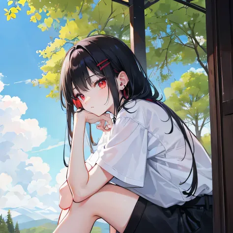 black hair，red eyes，，multi-tied hair，earring ，Two white hairpins，short sleeve shorts，Wearing sneakers，Dont show your arms，The background is a forest ，Tall trees，Blue sky and white clouds
