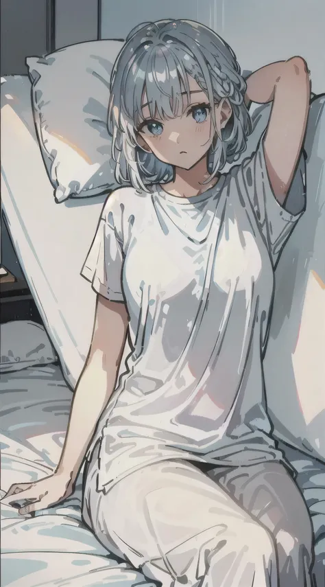 Refreshing morning light, iridescent highlights, A cool woman around 25 years old,  Blank white sheets make me sleepy, silver hair, Wearing a chubby T-shirt