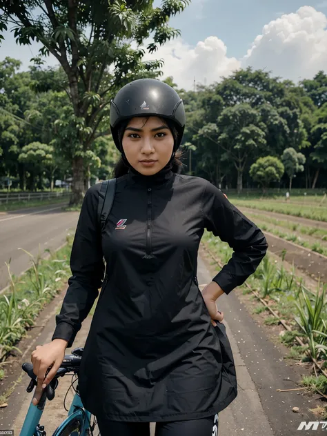 Gambar karikatur, Dua orang naik sepeda motor vario hitam, laki-laki di depan dan wanita muslim di belakang, menggunakan baju biru kemeja modern, latar belakang pemandangan sawah dan gunung