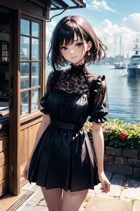 very cute and beautiful girl,(highly detailed beautiful face and eyes),(smile:1.2),cowboy shot,
navy blue frilled dress,standing,(detailed legs,mini skirt:0.9),
black hair,(rose garden),navy harbor,warships in distance,
(best quality,masterpiece:1.0),absur...