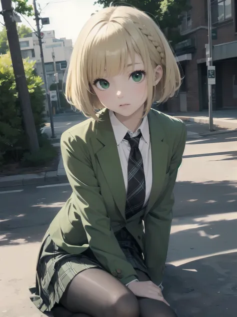 Top-High quality、Highest image quality、masterpiece、high contrast、Elegant、erotic expression、high school girl、blonde、Bob cut braids、uniform、(brown blazer)、ribbon tie、(Green and gray plaid skirt)、(black tights)、cinematic lighting、fine shading、cute、Truly unbel...