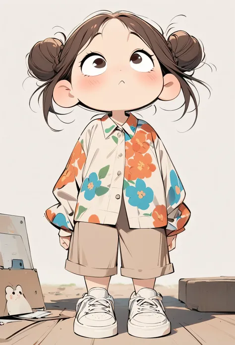 (masterpiece, best quality:1.2), cartoonish character design。1 girl, alone，big eyes，cute expression，two hair buns，floral shirt，w...