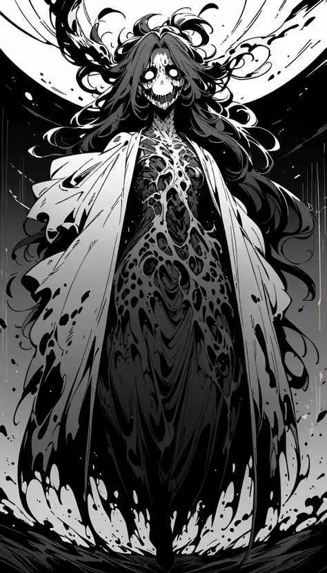 (best quality,highres,masterpiece:1.2),ultra-detailed,Anime line art:1.1,monochrome,black and white,manga style,death god,Full body,(body horror: 1.4),(biology: 1.3),detailed face,expressive eyes,sharp contrast,flowing robe,(bloody: 1.2),mysterious atmosph...