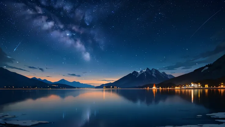 Starry sky　Mare　Stars reflected on the lake　The big moon behind the mountain　The moon is reflected on the surface of the lake