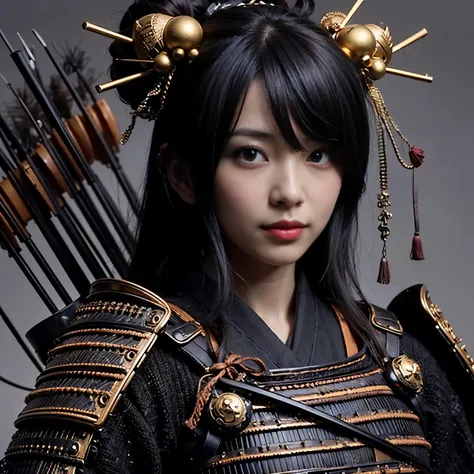 (best quality, highres, masterpiece:1.2), ultra-detailed, realistic:1.37, HDR, professional, sharp focus, vivid colors, bokeh, portraits, black gal, mesh colored hair, samurai armor, traditional bow, beautiful girl, straight hair, black hair Don&#39;t wear...