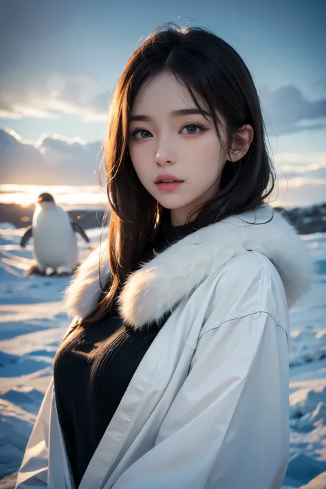 1 girl, beauty in the arctic, Exquisite eyes,beautiful and delicate lips,very detailed 눈과 얼굴,long eyelashes, with short permed hair, enchanted scenery,(best quality,4K,8 thousand,high resolution,masterpiece:1.2),very detailed,(realistic,realistic,realistic...