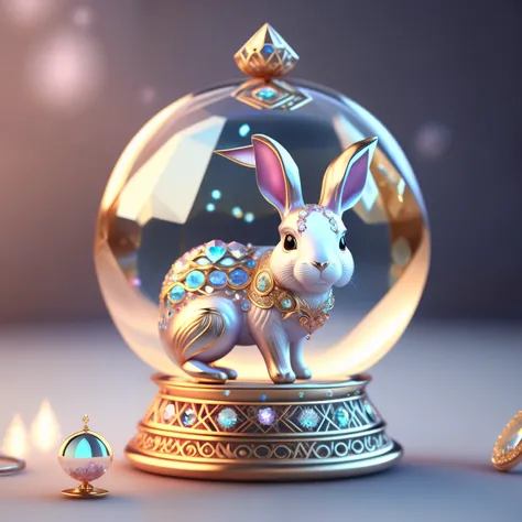 Cute crystal ball zodiac rabbit，Embellished with various jewelry pieces and low-poly eye designs, is a highly detailed and complex concept art piece using Artstation 8k quality.