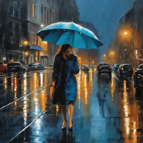 "Obra de arte, melhor qualidade, manga image, 1 garota, garota na chuva, terno encharcado, cheveux bleus, Stormy sky, chuva cintilante, Reflection on the sidewalk"