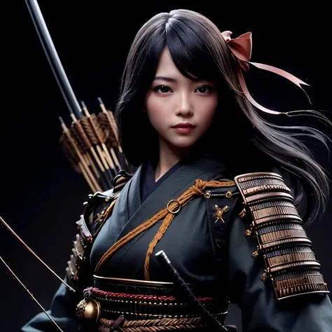 (best quality, highres, masterpiece:1.2), ultra-detailed, realistic:1.37, HDR, professional, sharp focus, vivid colors, bokeh, portraits, black gal, mesh colored hair, samurai armor, traditional bow, beautiful girl, straight hair, black hair Don&#39;t wear...