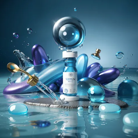 There is a bottle of water with bubbles and stones on the ground, dramatic product photography, 3 d Surreal render, Dramatic product shots, Close-up fantasy of water magic, Surreal 3 d render, a Surreal, Surreal detailed render, Surreal, Surreal的, Surreal,...