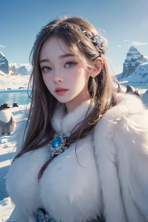 1 girl, beauty in the arctic, Exquisite eyes,beautiful and delicate lips,very detailed 눈과 얼굴,long eyelashes, with short permed hair, enchanted scenery,(best quality,4K,8 thousand,high resolution,masterpiece:1.2),very detailed,(realistic,realistic,realistic...