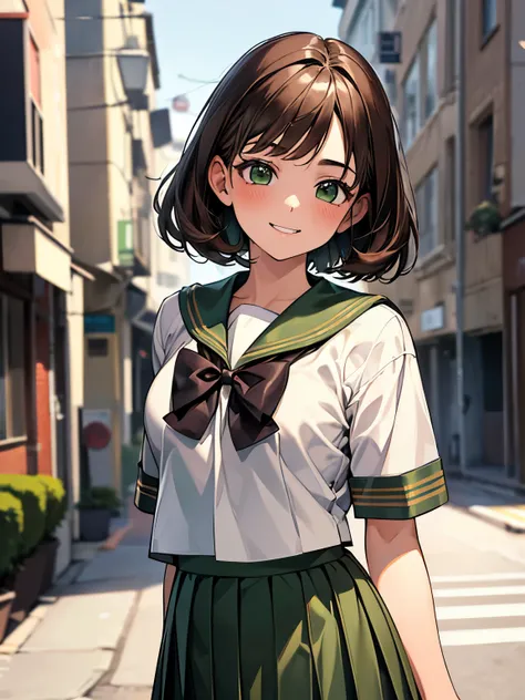 1 girl, Solo, Cute Girl, 16 years old, Best Quality, Ultra-detailed, 8K, High resolution, Detailed face, dark brown hair, medium short hair, smile, happy, have fun, walking on the street, (((school uniform, sailor suit, pleated skirt, green skirt,)))