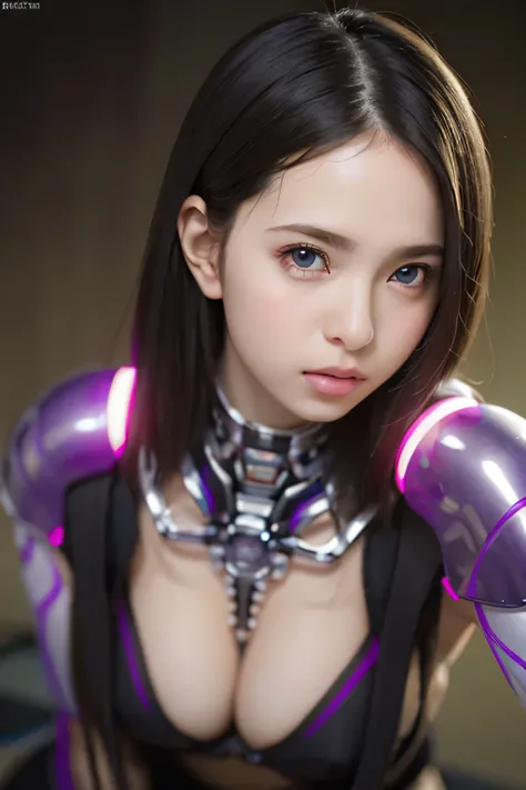 highest quality, masterpiece, ultra high resolution, (realistic: 1.4), Raw photo, 1 girl, black hair, Glossy skin, 1 Mechanical Girl, (Super realistic details)), portrait, global illumination, Shadow, octane rendering, 8K, super sharp, big, Cleavage expose...