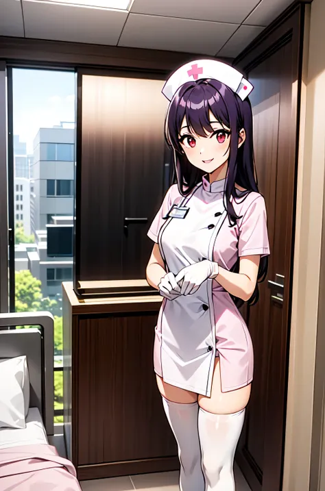 1woman, solo, nurse, white nurse cap, white nurse uniform, ((white legwear, zettai ryouiki)), white gloves, long hair, purple hair, red eyes, pink lips, smile, standing, ((hospital room)), sharp outline, short sleeves, mature female, 35 years old, best qua...