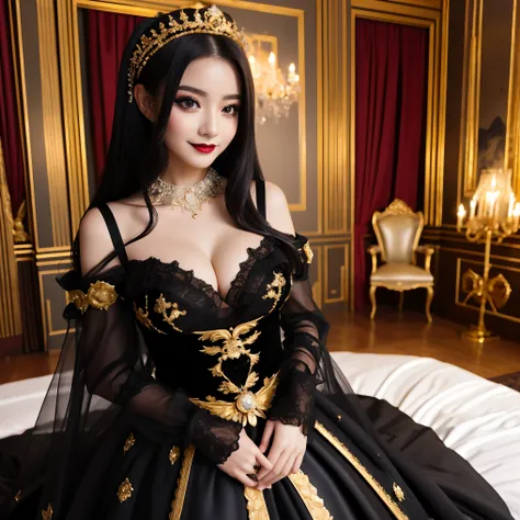 (highest quality、table top、8K、best image quality、hyper realism、Award-winning work)、(One Demon Princess:1.1)、(Creepy and evil devil makeup:1.1)、(Creepy Eyeshadow:1.1)、(black lips:1.2)、the most intricate and luxurious black dress、look at me and smile、Big bre...