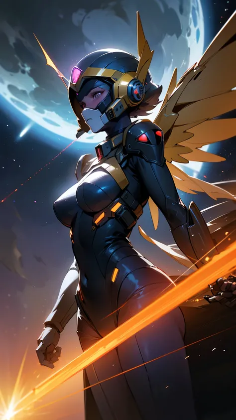 4k, best quality, realistic, detailed. A busty woman wearing a hero suit and a full-face helmet-like mask flies through the shining universe of the galaxy. She spreads her mechanical wings and flies through the night sky with a laser sword in one hand.