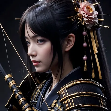 (best quality, highres, masterpiece:1.2), ultra-detailed, realistic:1.37, HDR, professional, sharp focus, vivid colors, bokeh, portraits, black gal, mesh colored hair, samurai armor, traditional bow, beautiful girl, straight hair, black hair Don&#39;t wear...