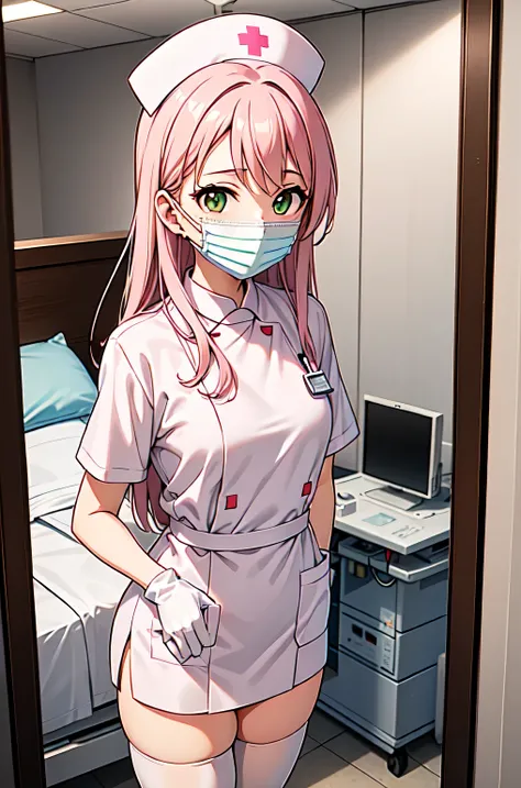 1woman, solo, nurse, white nurse cap, white nurse uniform, ((white legwear, zettai ryouiki)), white gloves, pink hair, green eye...