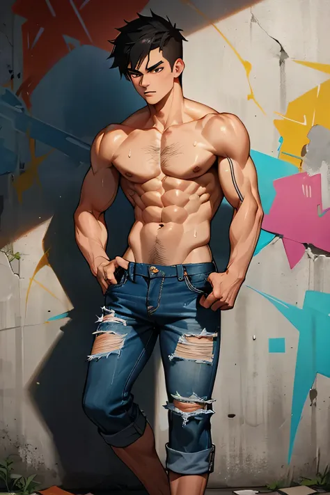 shirtless super muscular sweating 23-year old short black hair handsome male, tattered jeans, sneakers, in the graffiti wall