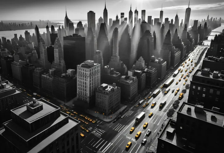 Landscape Photography，Manhattan skyscrapers，aerial photography，Golden Hour，Vehicles on the ground，Traffic lights on the ground，35 mm，
Sebastiao Salgado，Hasselblad X1D，Peter。Lindbergh，(masterpiece，top quality，
best quality，official art，Aesthetics:1.2)
