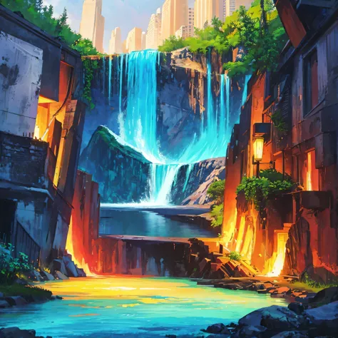 Painting of a waterfall with a rainbow in the middle of it, rainbow river waterfall, with trees and waterfalls, ethereal rainbows, forest and waterfall, just one rainbow 8 k, rainbow, beautiful digital painting, cascading iridescent waterfalls, fantasy pai...