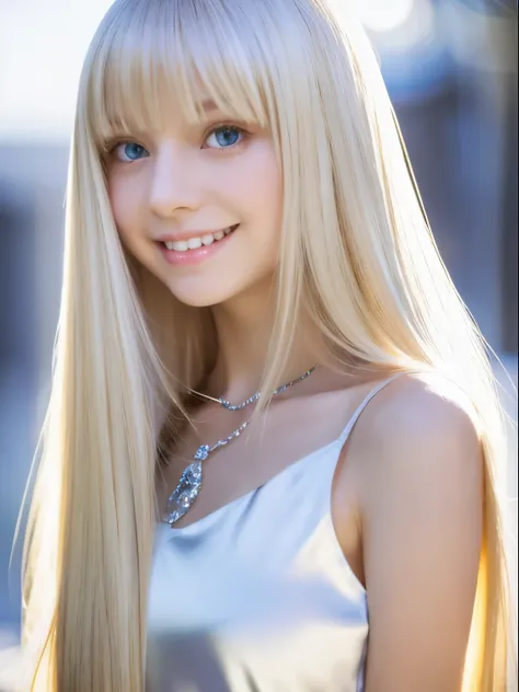 portrait, bright expression, young shiny shiny white shiny skin, Best shot, Blonde reflected light, Platinum blonde hair with dazzling highlights, shiny light hair, Super long silky straight hair, Beautiful bangs that shine, Glowing crystal clear attractiv...