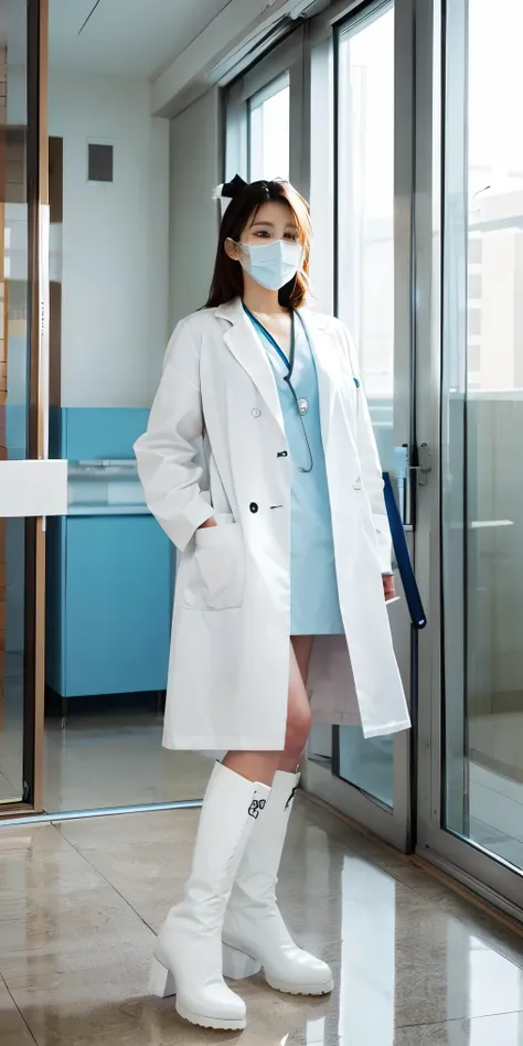 individual, white body, muscle, standing in front of the glass door, lower your head, take notes, Serious expression, frown (doctor clothing,, White mask, notebook, blue pen, white boots, black pattern: 1.2), wolf tail, wolf ears, ((bust)), (indoor: 1.35),...