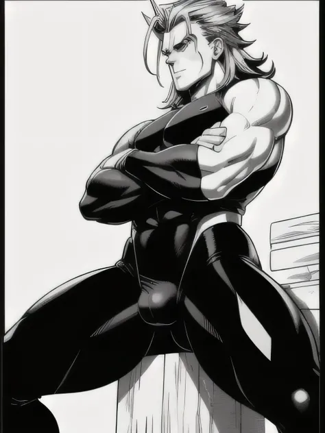 best quality, high resolution, manga, monochrome, handwritten style, allmight, black bodysuit, hunk, wet clothes, from below, arms folded, thigh, nsfw.