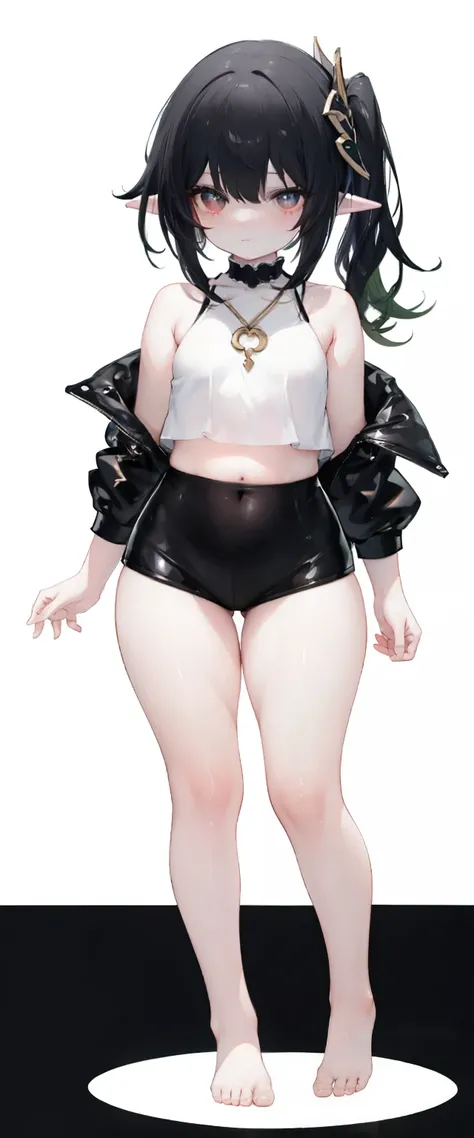 ,child,cute,black hair,thick thigh ,short leather pants,black mini camisole, thick thighs,flat chest,black color tank top,black mini camisole,crop top, Nahida, loli,child,flat chest,fullbody, thick thighs, blushing,loli,child, standing straight, head to to...