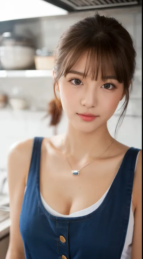 (highest quality, 8K, masterpiece: 1.3), beautiful woman with perfect figure: 1.2, dark brown hair, wearing a pendant, wearing an apron, in the kitchen, highly detailed face and skin, fine eyes, double eyelid, big breasts