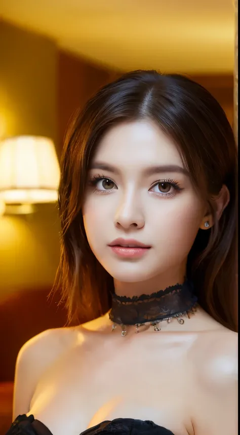 (highest quality, 8K, masterpiece: 1.3), beautiful woman with perfect figure: 1.2, dark brown hair, See-through:1.3,choker, wearing a black dress, In the hotel room, highly detailed face and skin, fine eyes, double eyelid, big breasts