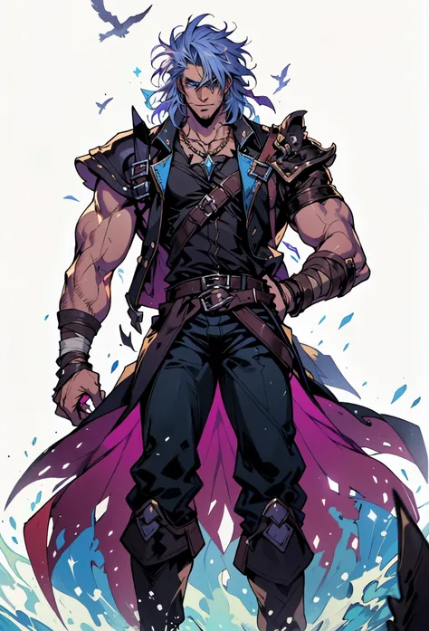 A man with medium-length fluffy lavender-blue hair parted in the middle, his upper face obscured by bandage eye patch, a square face, a wild expression, a sturdy physique, clad in a fantasy-style wild sleeveless coat with leather light armor, a gemstone be...