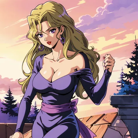 masterpiece、highest quality、anime woman、solo、looking at the viewer、laugh at、long hair、blonde、eyelash、lipstick、purple eyes、wavy hair、big breasts、woman with very large breasts、collarbone、Purple bodysuit、off shoulder、long sleeve、Pink sash、