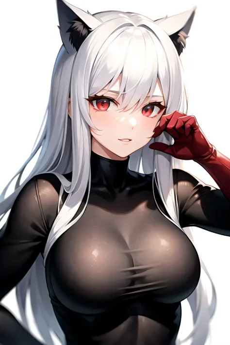 White hair, long hair, cat ears, sexy hero, red eyes, female portrait, white background