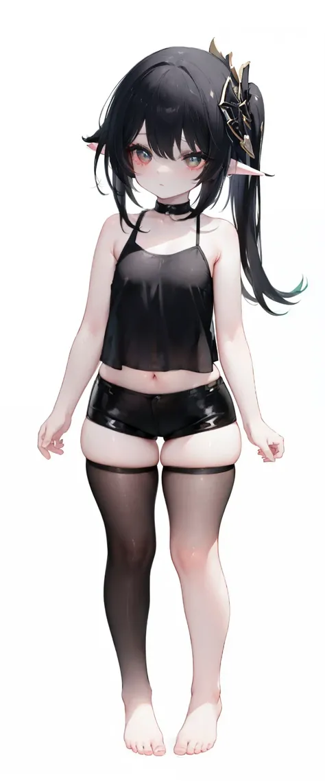 ,child,cute,black hair,thick thigh ,short leather pants,black mini camisole, thick thighs,flat chest,black color tank top,black mini camisole,crop top, Nahida, loli,child,flat chest,fullbody, thick thighs, blushing,loli,child, standing straight, head to to...