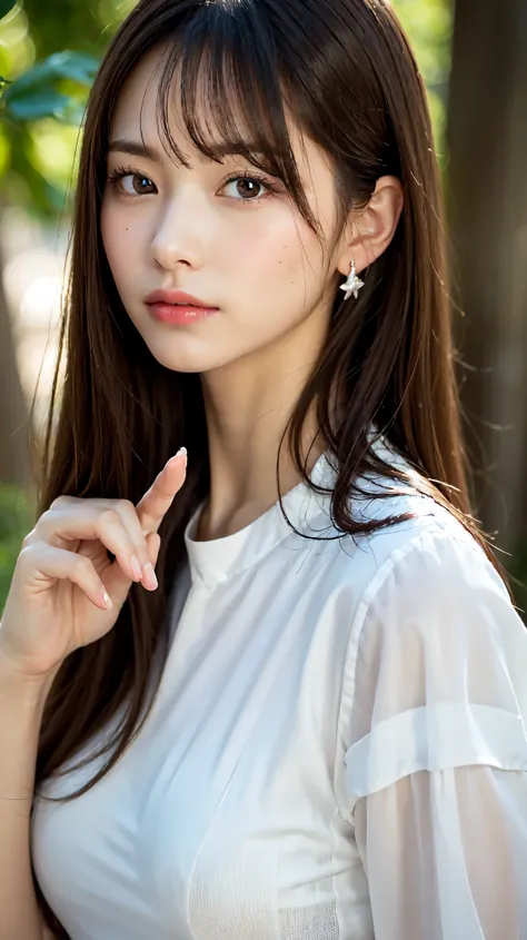 1 female, close up of face, Medium chest, light brown hair, dull bangs, hair behind the ear, shoulder hair, long hair, slender body shape, Extra-fine face, thin face, delicate lips, beautiful eyes, light blush, eyes are light brown, perfect shiny skin, per...