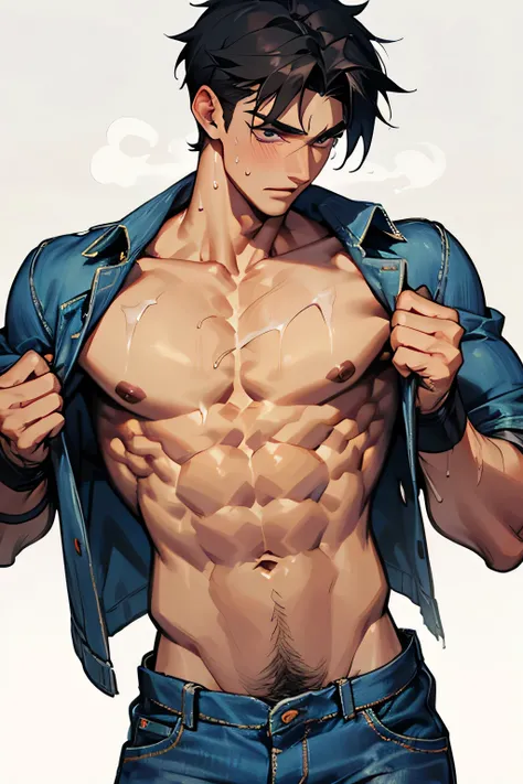 shirtless super muscular sweat-drenched 23-year old short black hair handsome caucasian male, pulling shirt up to show abs, tattered jeans 