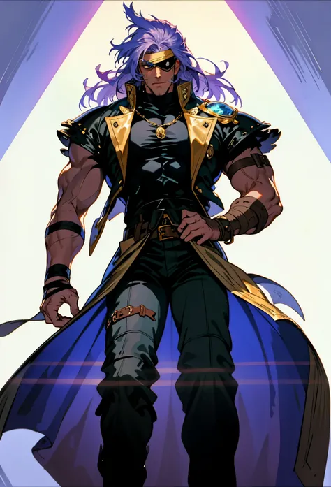 A man with medium-length fluffy lavender-blue hair parted in the middle, his upper face obscured by bandage eye patch, a square face, a wild expression, a sturdy physique, clad in a fantasy-style wild sleeveless coat with leather light armor, a gemstone be...