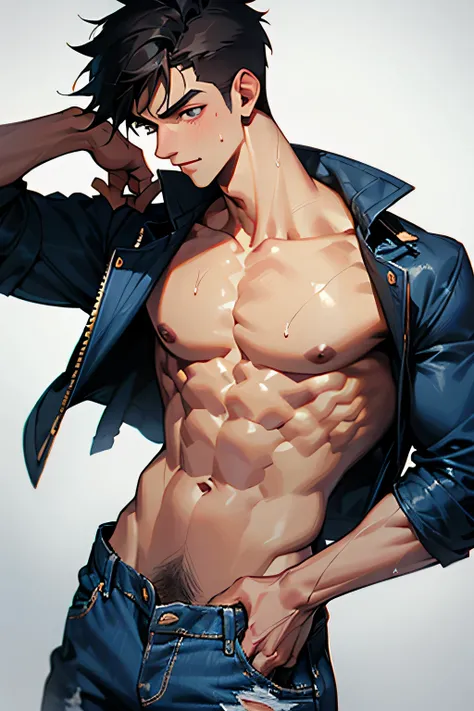 shirtless super muscular sweat-drenched 23-year old short black hair handsome caucasian male, pulling shirt up to show abs, tattered jeans