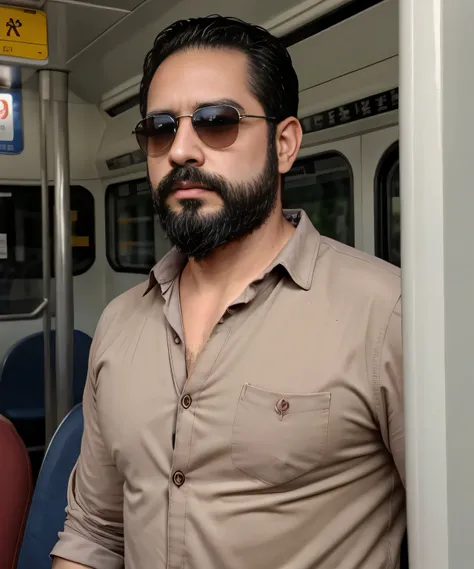 Parte superior del cuerpo, 38 year old man with beard and sunglasses. Hombre vistiendo ropa formal con camisa roja, on public transport .