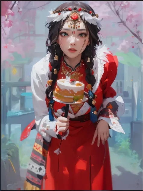 The painting shows a woman wearing a red dress、Woman holding cake, guweiz style artwork, beautiful figure painting, art station, Portrait of digital shaman, A young female shaman, detailed figures, Inspired by Lu Ji, digital concept art, digital figure pai...